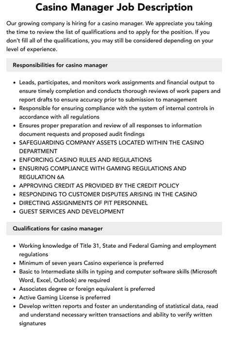 job specification of casino manager
